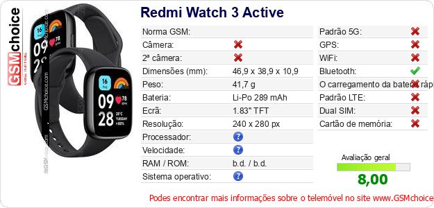 Redmi Watch 3 Active Especificações técnicas do telemóvel Redmi Watch 3 Active Especificações técnicas do telemóvel