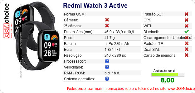 Redmi Watch 3 Active Especificações técnicas do telemóvel 