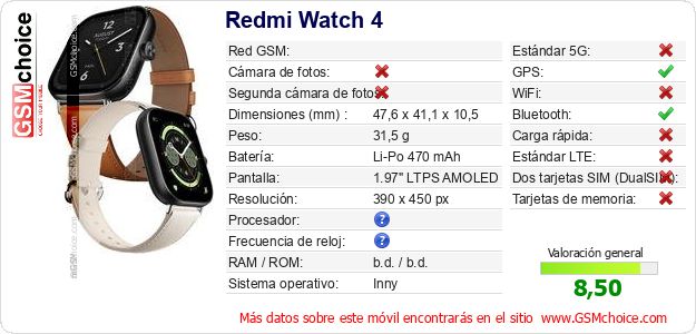 Redmi Watch 4 Datos técnicos del móvil Redmi Watch 4 Datos técnicos del móvil