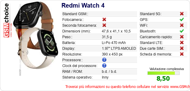 Redmi Watch 4 Dati tecnici di telefono cellulare 