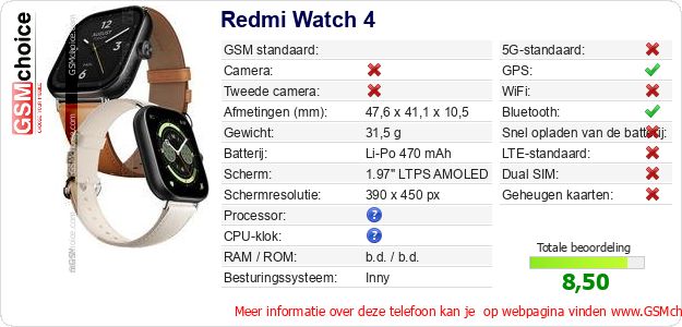 Redmi Watch 4 Technische gegevens 