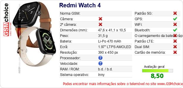 Redmi Watch 4 Especificações técnicas do telemóvel 