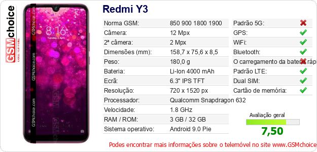 Redmi Y3 Especificações técnicas do telemóvel Redmi Y3 Especificações técnicas do telemóvel