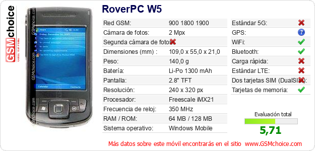 RoverPC W5 Datos técnicos del móvil 