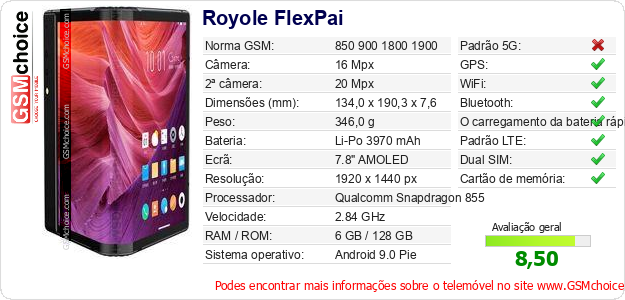 Royole FlexPai Especificações técnicas do telemóvel 