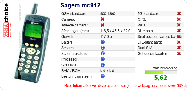 Sagem mc912 Technische gegevens Sagem mc912 Technische gegevens
