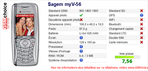 Sagem myV-56 Fiche technique