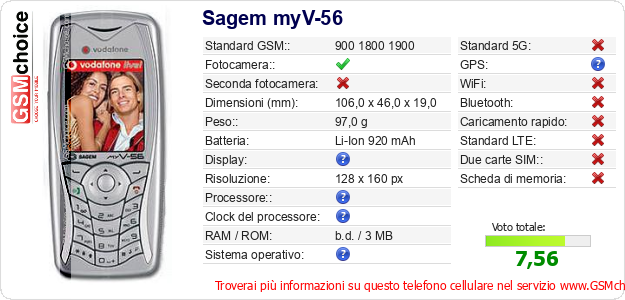 Sagem myV-56 Dati tecnici di telefono cellulare 