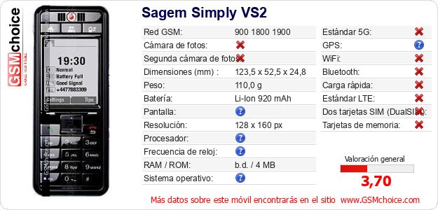Sagem Simply VS2 Datos técnicos del móvil Sagem Simply VS2 Datos técnicos del móvil