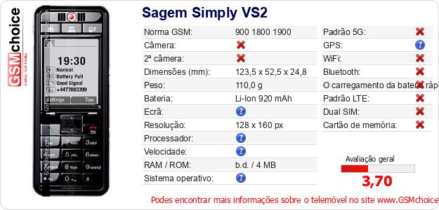 Sagem Simply VS2 Especificações técnicas do telemóvel Sagem Simply VS2 Especificações técnicas do telemóvel