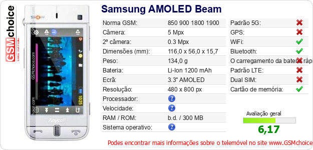Samsung AMOLED Beam Especificações técnicas do telemóvel Samsung AMOLED Beam Especificações técnicas do telemóvel