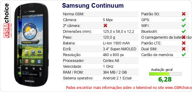 Samsung Continuum Especificações técnicas do telemóvel Samsung Continuum Especificações técnicas do telemóvel