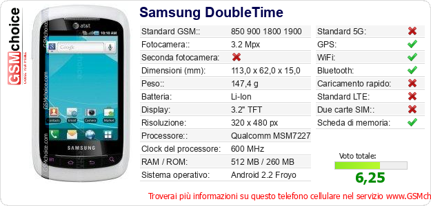 Samsung DoubleTime Dati tecnici di telefono cellulare 