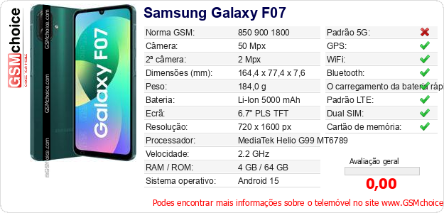Samsung Galaxy F07 Especificações técnicas do telemóvel 