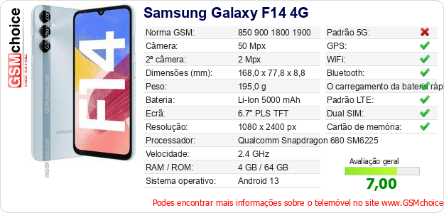 Samsung Galaxy F14 4G Especificações técnicas do telemóvel 