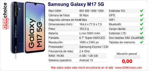 Samsung Galaxy M17 5G Datos técnicos del móvil Samsung Galaxy M17 5G Datos técnicos del móvil
