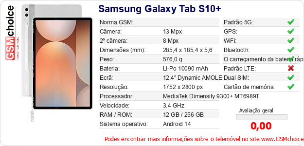 Samsung Galaxy Tab S10+ Especificações técnicas do telemóvel 