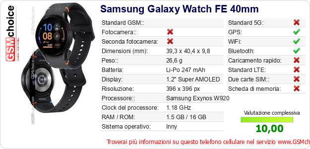 Samsung Galaxy Watch FE 40mm Dati tecnici di telefono cellulare 