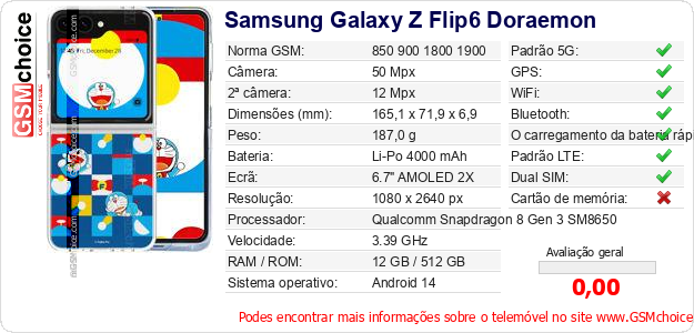 Samsung Galaxy Z Flip6 Doraemon Especificações técnicas do telemóvel 