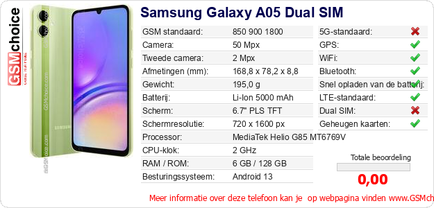 Samsung Galaxy A05 Dual SIM Technische gegevens 