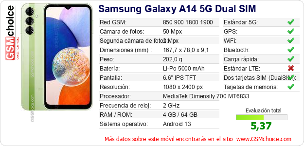 Samsung Galaxy A14 5G Dual SIM Datos técnicos del móvil 
