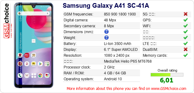 Samsung Galaxy A41 SC-41A 手机技术数据