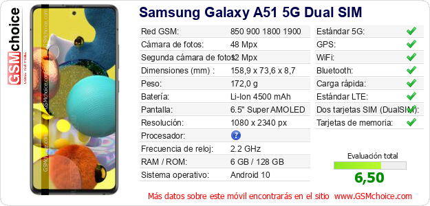 Samsung Galaxy A51 5G Dual SIM Datos técnicos del móvil 
