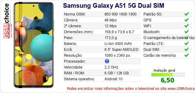 Samsung Galaxy A51 5G Dual SIM Especificações técnicas do telemóvel 