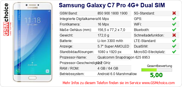 Samsung Galaxy C7 Pro 4G+ Dual SIM technische Daten Samsung Galaxy C7 Pro 4G+ Dual SIM technische Daten