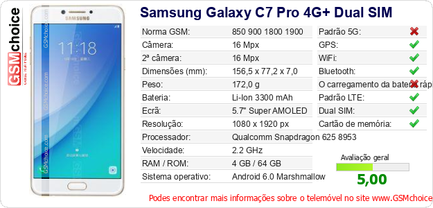 Samsung Galaxy C7 Pro 4G+ Dual SIM Especificações técnicas do telemóvel Samsung Galaxy C7 Pro 4G+ Dual SIM Especificações técnicas do telemóvel