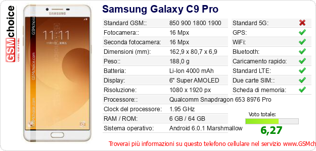 Samsung Galaxy C9 Pro Dati tecnici di telefono cellulare 