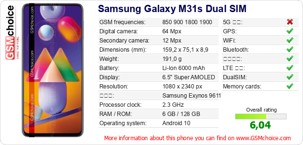 Samsung Galaxy M31s Dual SIM 手機技術數據