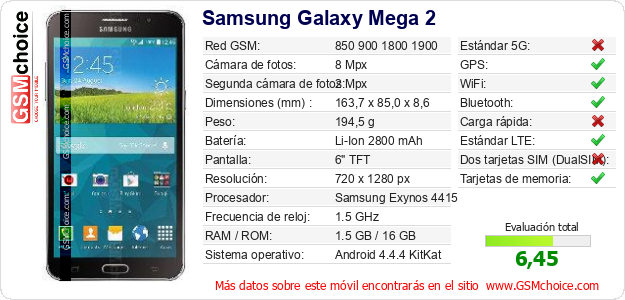 Samsung Galaxy Mega 2 Datos técnicos del móvil Samsung Galaxy Mega 2 Datos técnicos del móvil