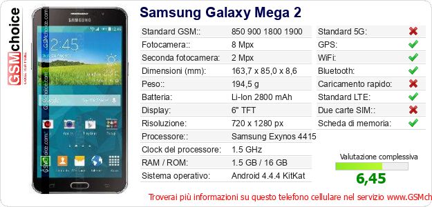 Samsung Galaxy Mega 2 Dati tecnici di telefono cellulare Samsung Galaxy Mega 2 Dati tecnici di telefono cellulare