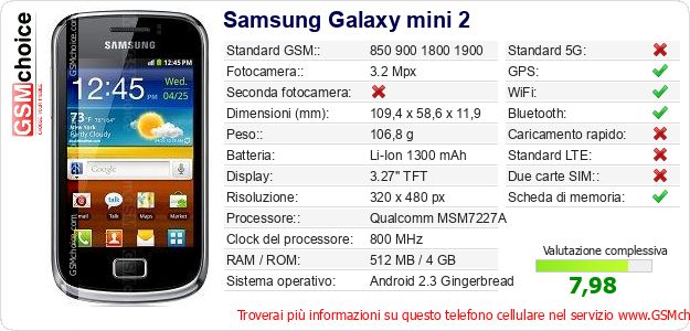 Samsung Galaxy mini 2 Dati tecnici di telefono cellulare Samsung Galaxy mini 2 Dati tecnici di telefono cellulare