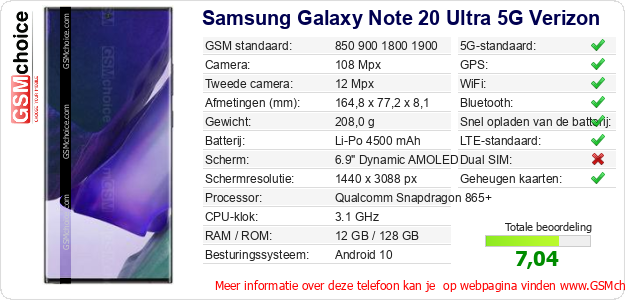 Samsung Galaxy Note 20 Ultra 5G Verizon Technische gegevens Samsung Galaxy Note 20 Ultra 5G Verizon Technische gegevens