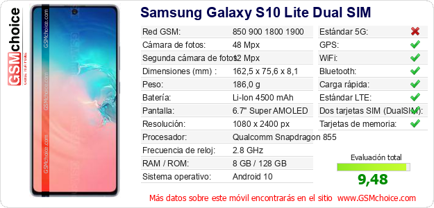 Samsung Galaxy S10 Lite Dual SIM Datos técnicos del móvil 