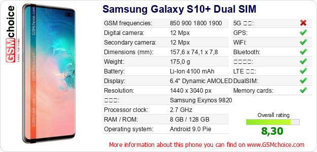Samsung Galaxy S10+ Dual SIM 手機技術數據