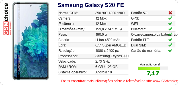 Samsung Galaxy S20 FE Especificações técnicas do telemóvel Samsung Galaxy S20 FE Especificações técnicas do telemóvel