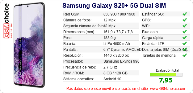 Samsung Galaxy S20+ 5G Dual SIM Datos técnicos del móvil 