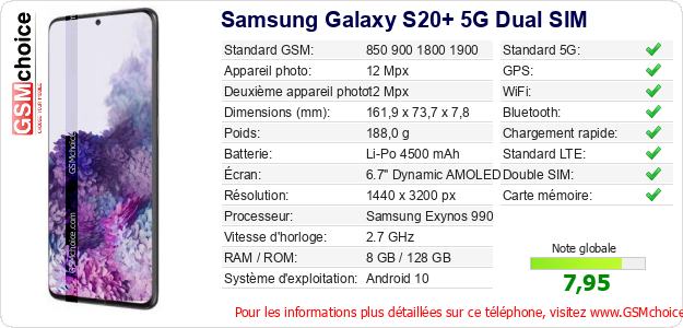 Samsung Galaxy S20+ 5G Dual SIM Fiche technique Samsung Galaxy S20+ 5G Dual SIM Fiche technique