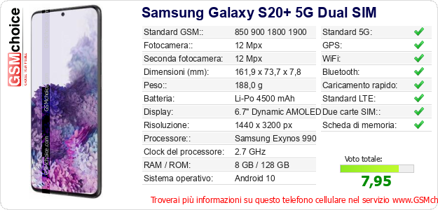 Samsung Galaxy S20+ 5G Dual SIM Dati tecnici di telefono cellulare 