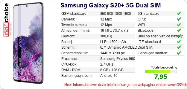 Samsung Galaxy S20+ 5G Dual SIM Technische gegevens 