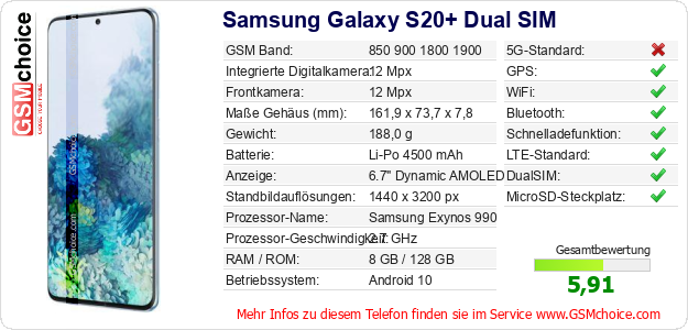 Samsung Galaxy S20+ Dual SIM technische Daten Samsung Galaxy S20+ Dual SIM technische Daten