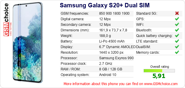 Samsung Galaxy S20+ Dual SIM technical specifications Samsung Galaxy S20+ Dual SIM technical specifications