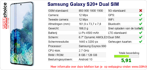 Samsung Galaxy S20+ Dual SIM Technische gegevens Samsung Galaxy S20+ Dual SIM Technische gegevens