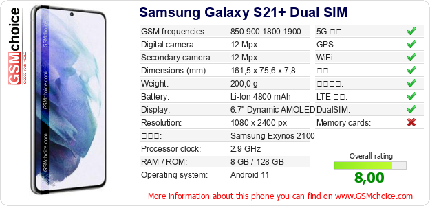 Samsung Galaxy S21+ Dual SIM 手机技术数据
