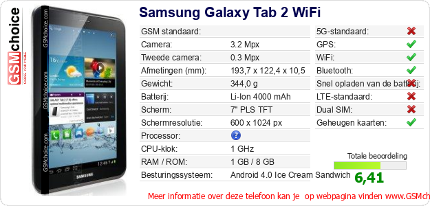 Samsung Galaxy Tab 2 WiFi Technische gegevens 