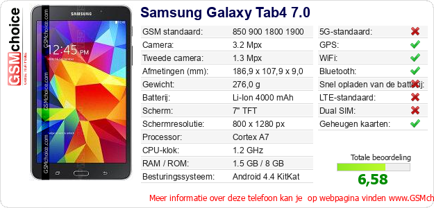 Samsung Galaxy Tab4 7.0 Technische gegevens 