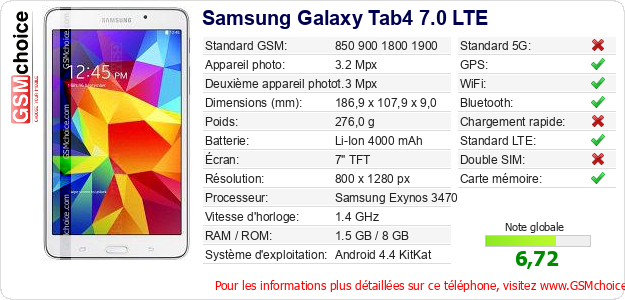 Samsung Galaxy Tab4 7.0 LTE Fiche technique Samsung Galaxy Tab4 7.0 LTE Fiche technique